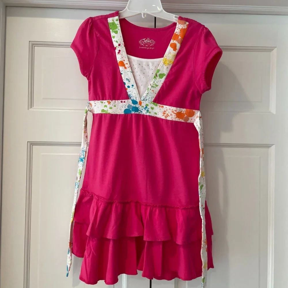 Justice Girls Pink Short Sleeve Dress Tiered Layers Tie Back Bow Size 12 M